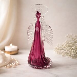 Rossi Cranberry Glass Praying Angel 9” Halo Wings Vintage Figurine